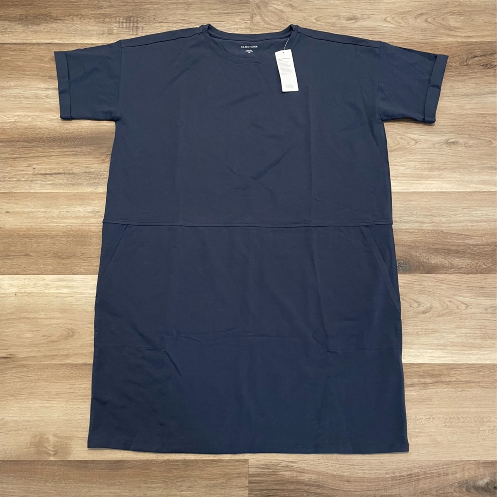 NWT Eileen Fisher round neck jersey dress organic cotton navy blue size large